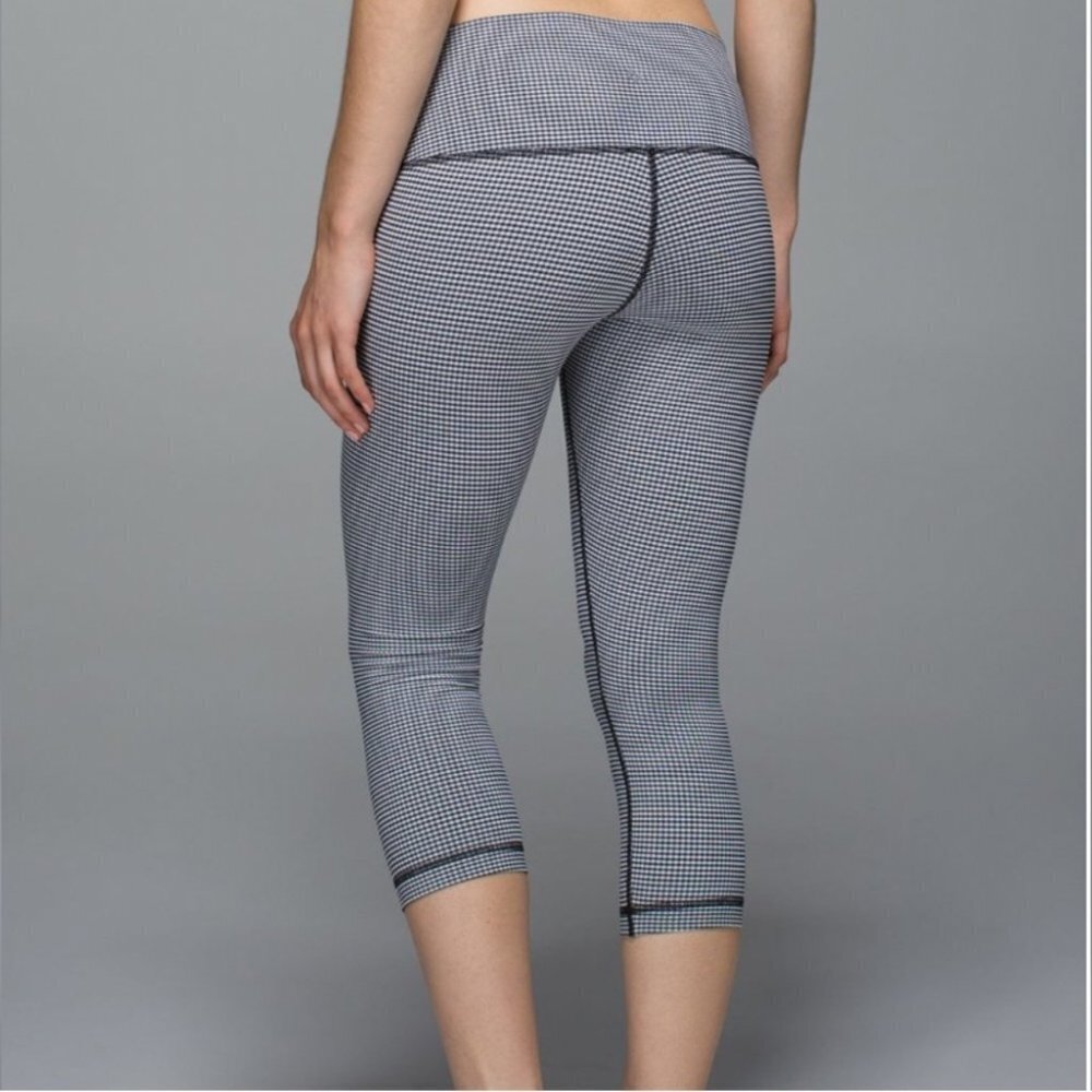 Lululemon Wunder Under Crop Leggings Gingham Luon White Blue
